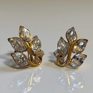 Vintage Signed Trifari Marquise-Cut Crystal Leaf Earrings